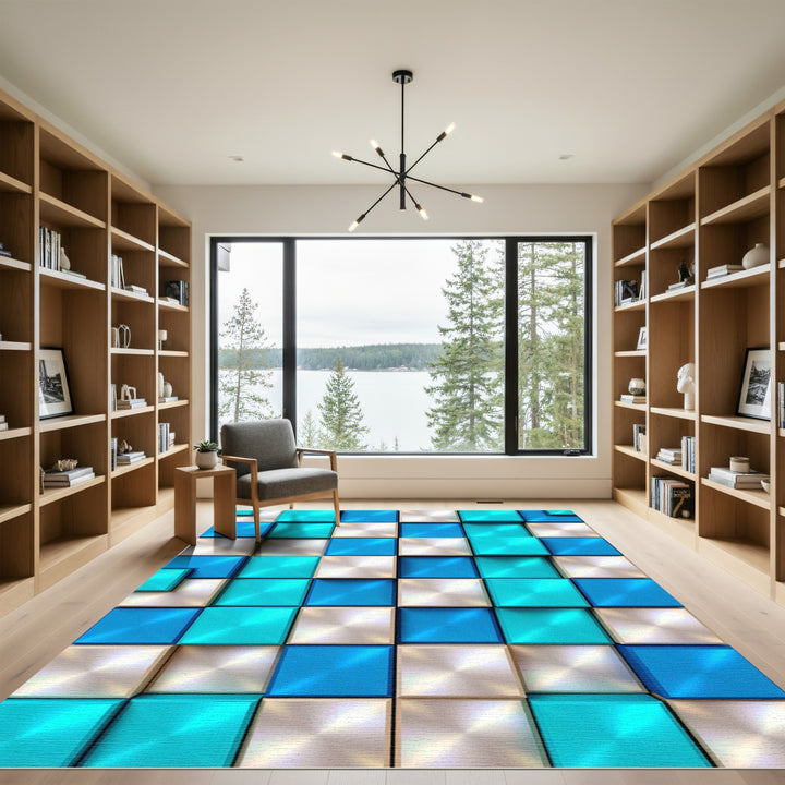Cool Blue Metallic Cubes Rug