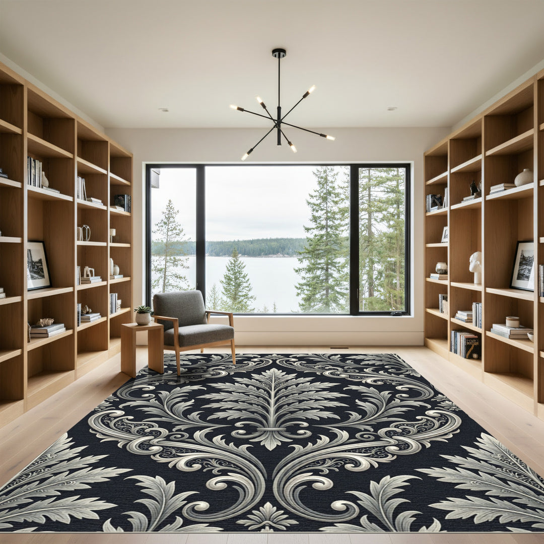Elegant Gray Acanthus Leaf Ornament Rug