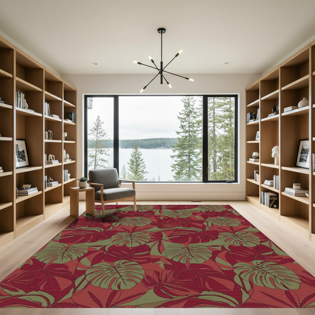 Rich Crimson Tropical Monstera Leaves Rug