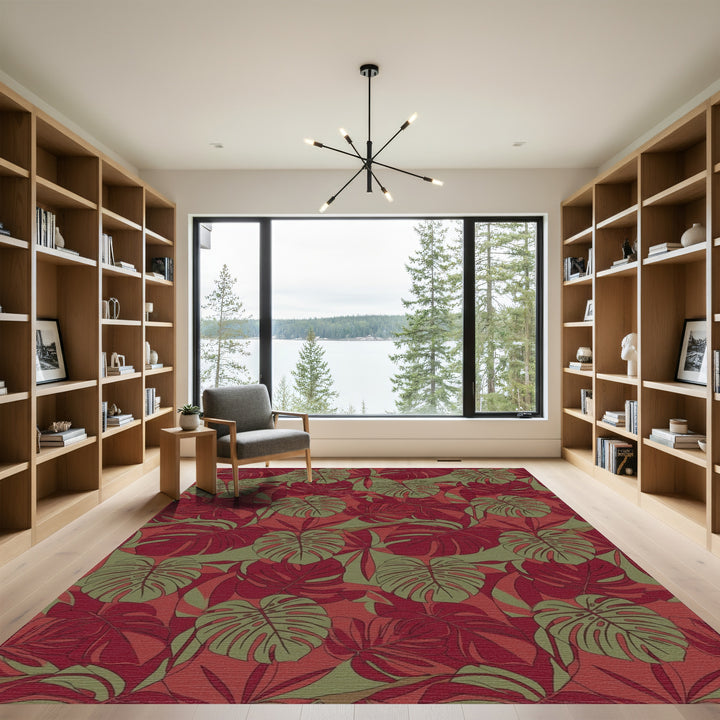 Rich Crimson Tropical Monstera Leaves Rug