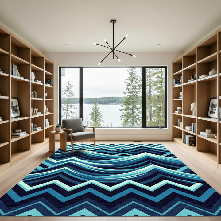 Deep Blue Layered Wave Zigzag Rug