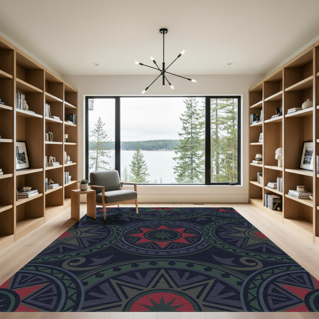 Dark Crimson Green Tribal Sunburst Medallion Rug