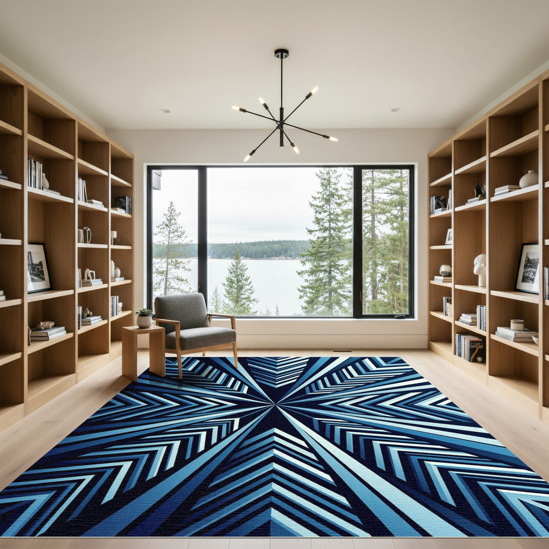 Deep Blue Radial Chevron Rug