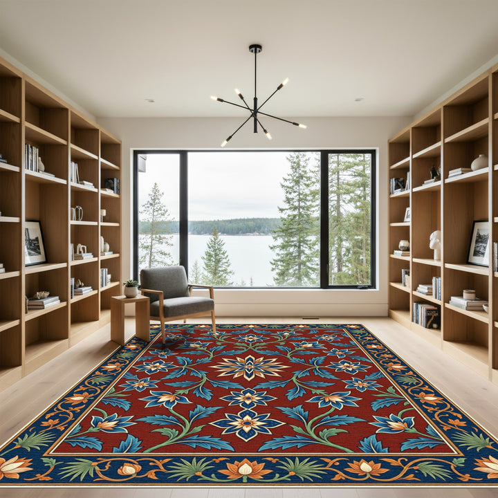 Crimson Bloom Floral Border Rug