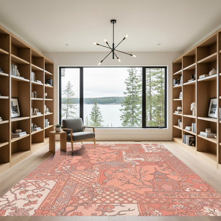 Coral Pagoda Crane Blossom Collage Rug