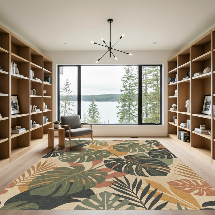 Earthy Monstera Leaf Tropical Collage Rug