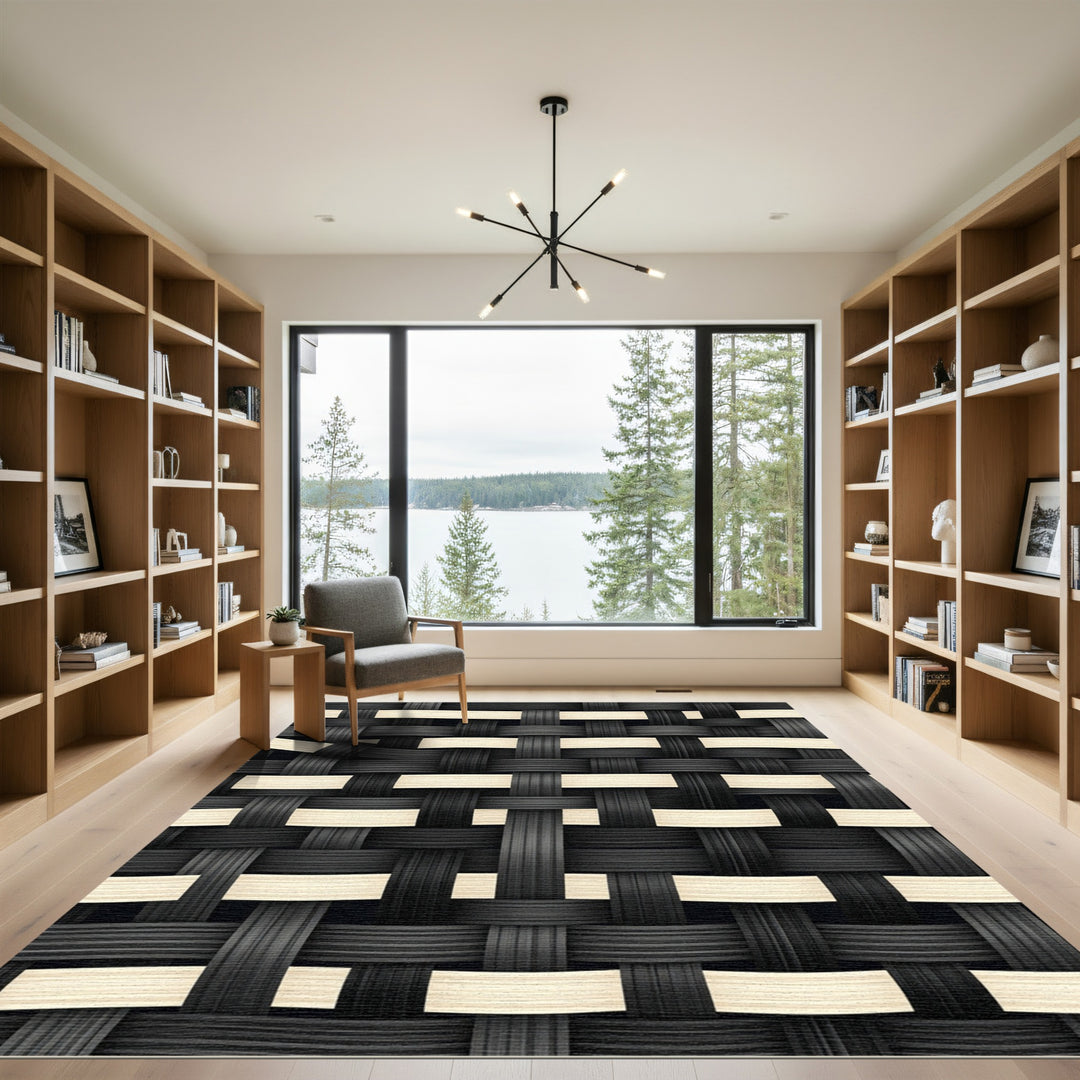 Black Beige Woven Basketweave Texture Rug