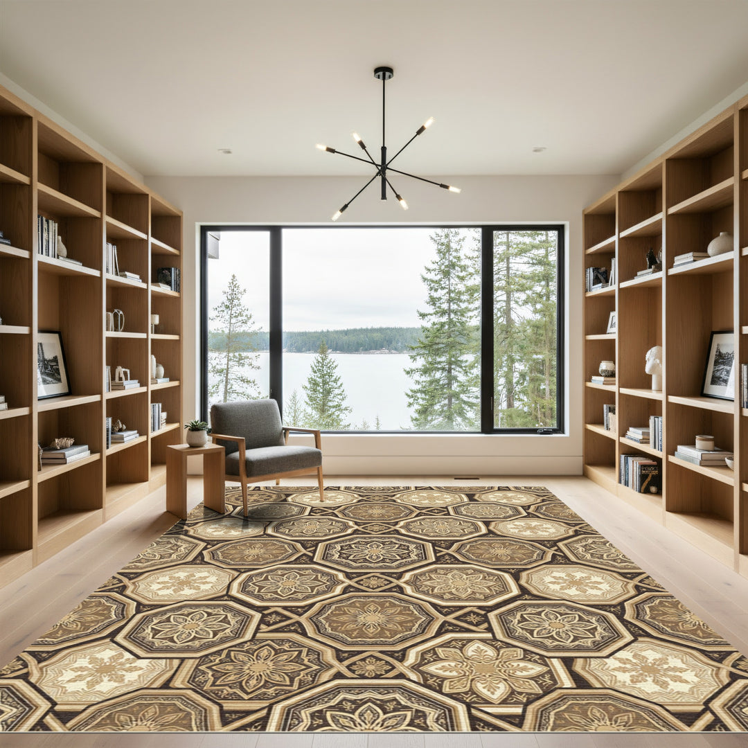 Ornate Brown Octagon Floral Rug