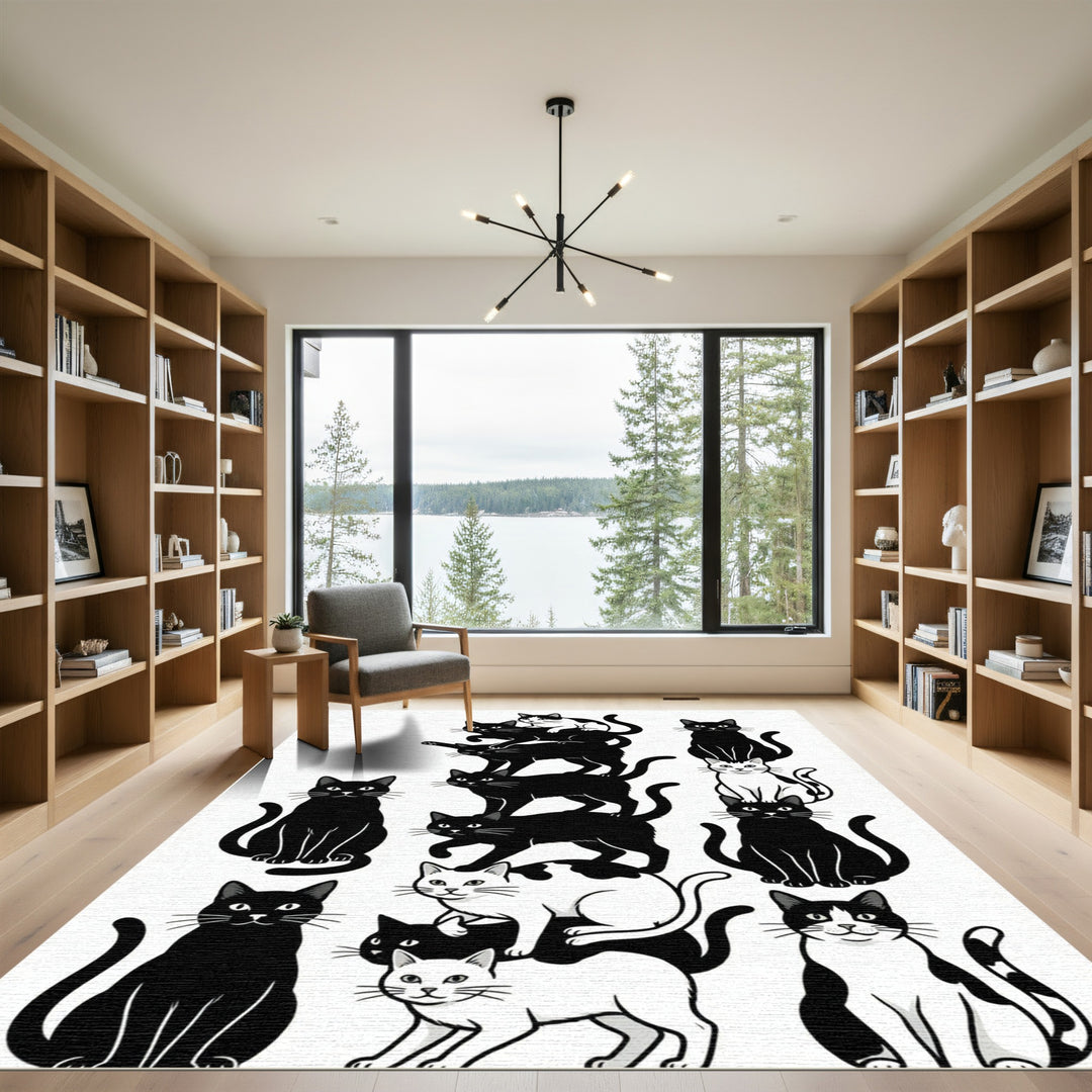 Whimsical Black White Cat Collage Rug