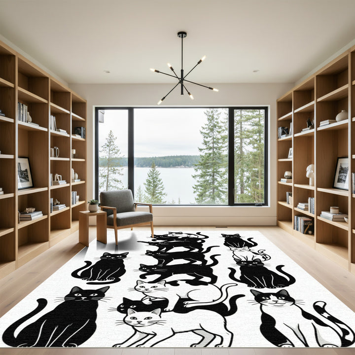 Whimsical Black White Cat Collage Rug