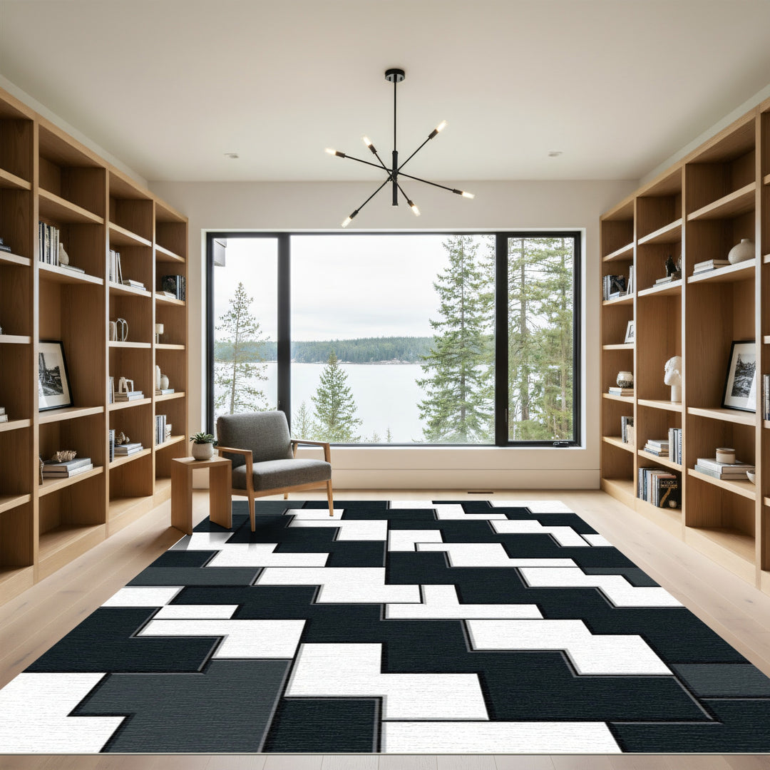 Modern Black White Geometric Puzzle Rug