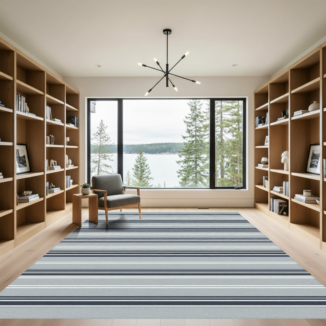 Cool Gray Navy Blue Striped Rug