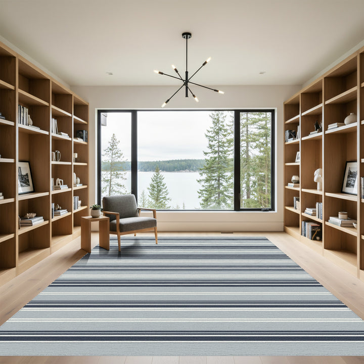 Cool Gray Navy Blue Striped Rug