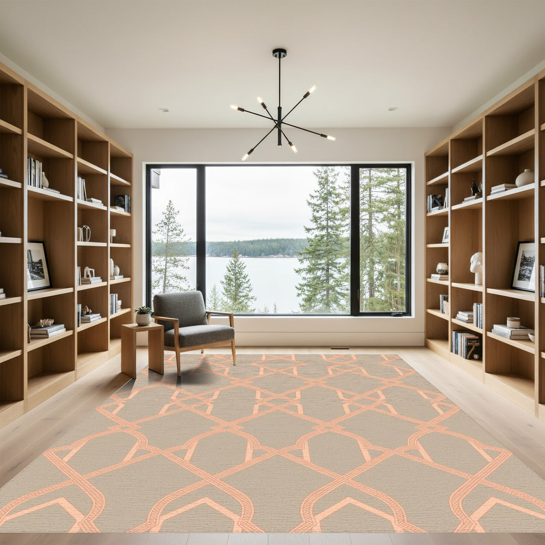 Peachy Pink Interlocking Geometric Lattice Rug