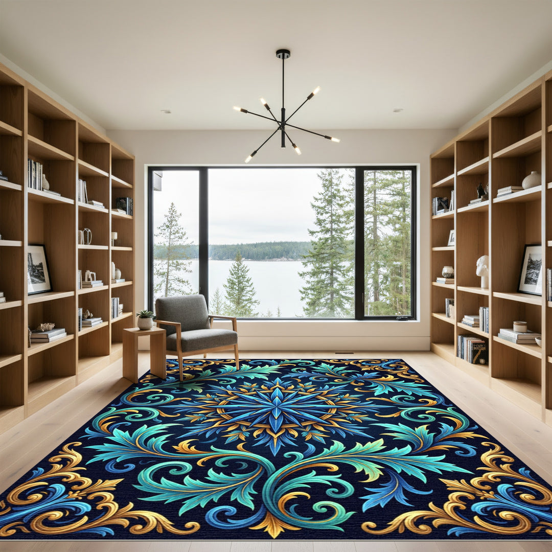 Blue Gold Scrollwork Floral Medallion Rug