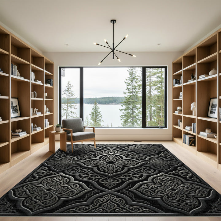 Elegant Silver Arabesque Scroll Rug