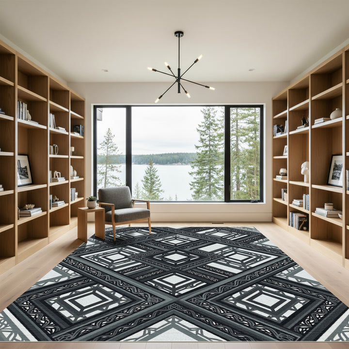 Black and Gray Geometric Diamond Brocade Rug
