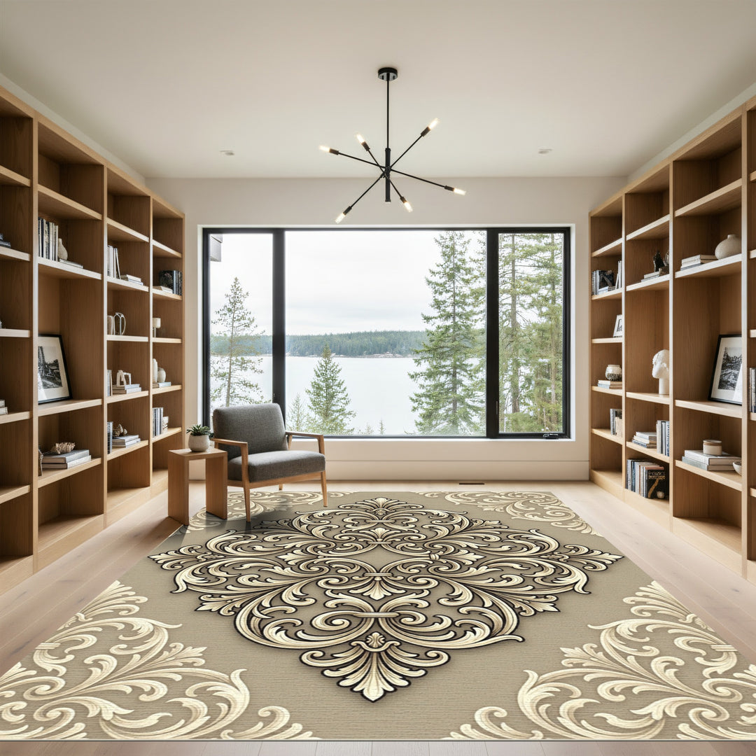 Elegant Gold Scrolled Damask Rug