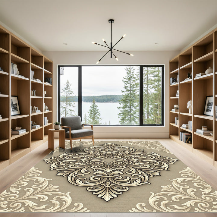 Elegant Gold Scrolled Damask Rug