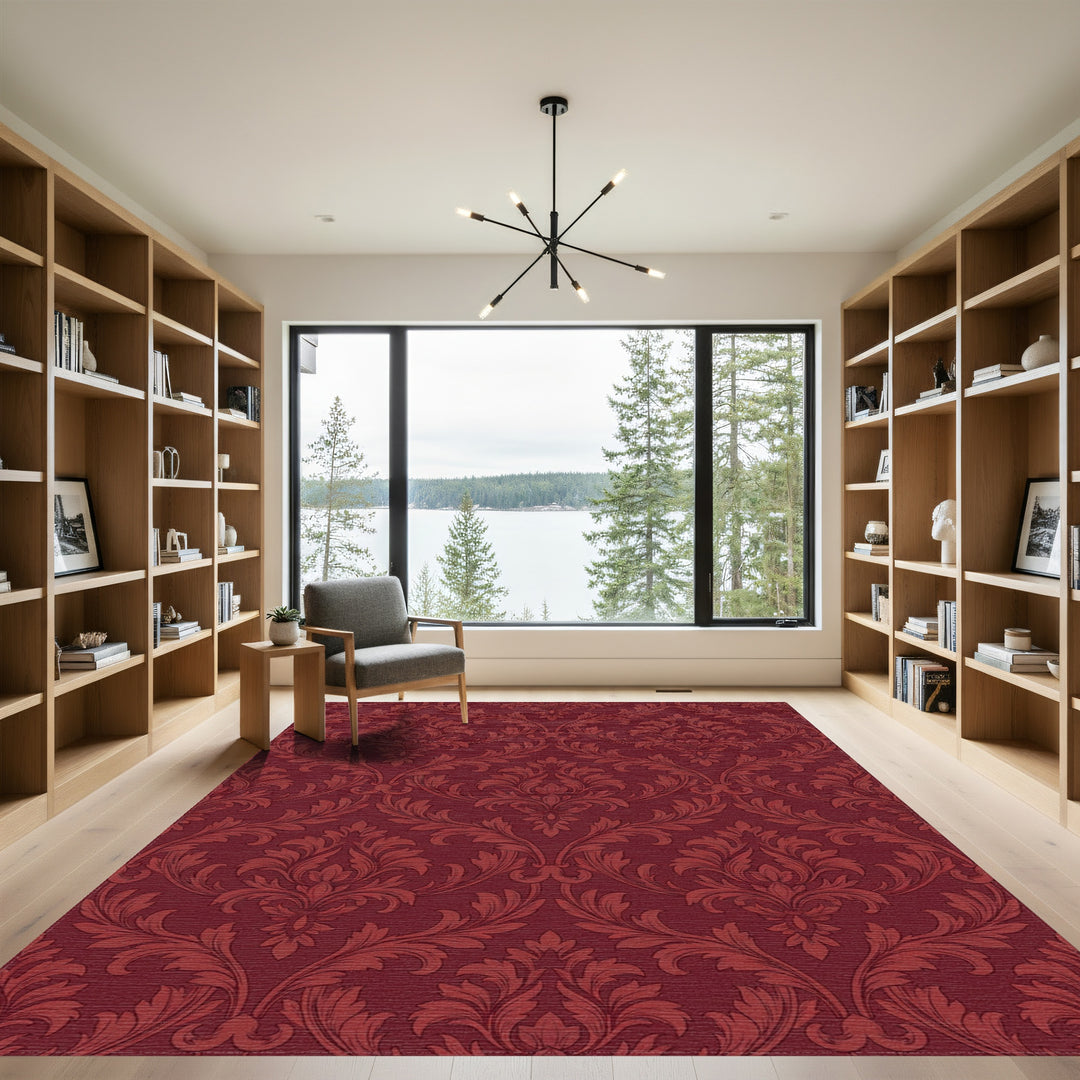 Rich Crimson Damask Flourish Rug