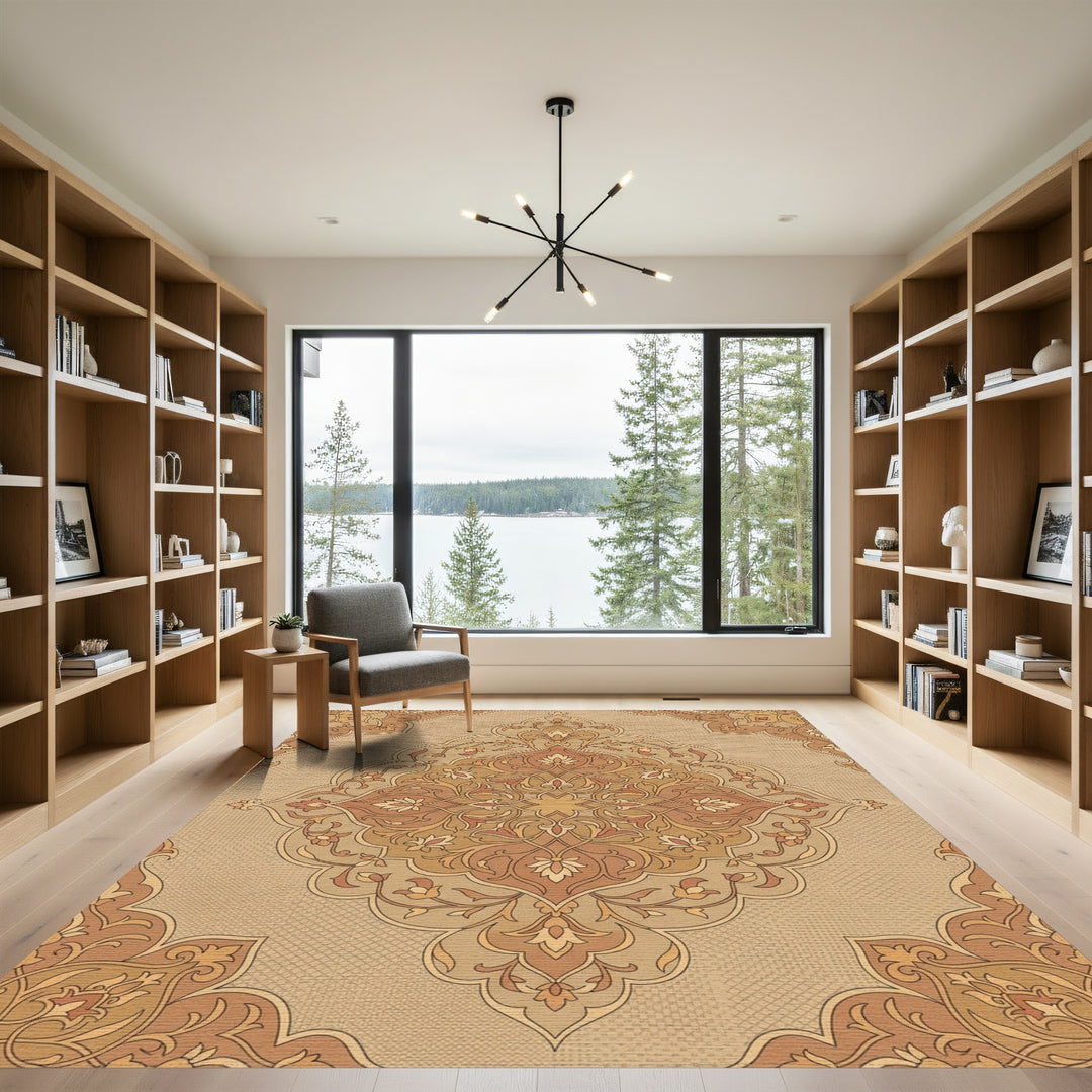 Terracotta Golden Floral Filigree Medallion Rug