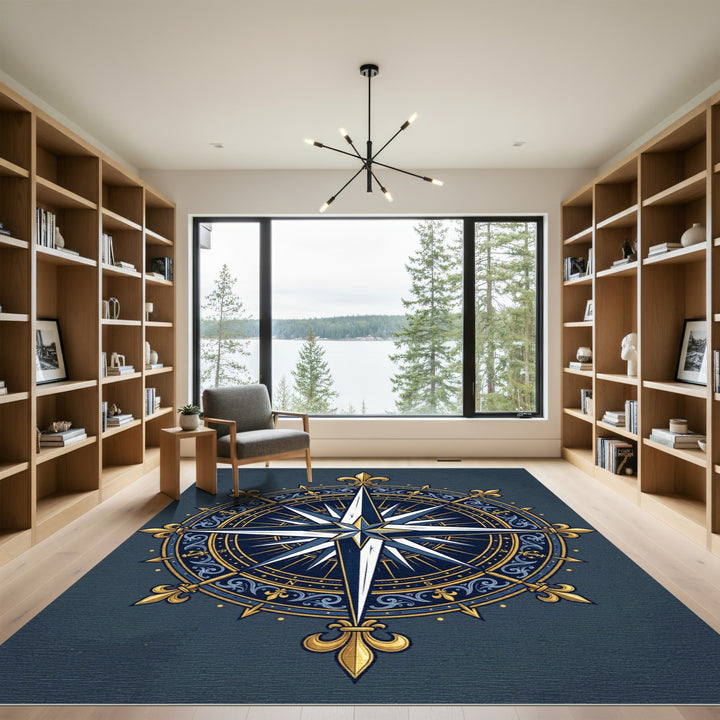 Navy Gold Compass Rose Embellished Rug