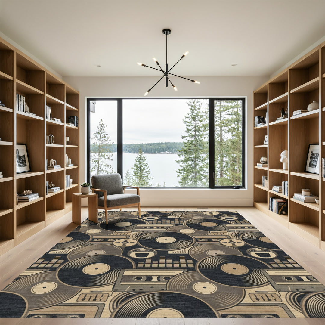 Retro Vinyl Record Cassette Tape Assemblage Rug