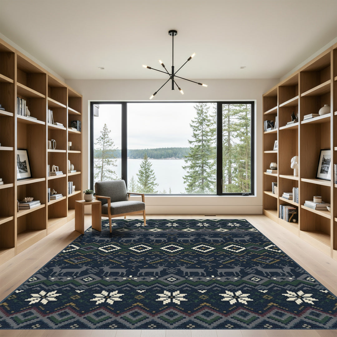 Dark Blue Deer Snowflake Geometric Kilim Rug