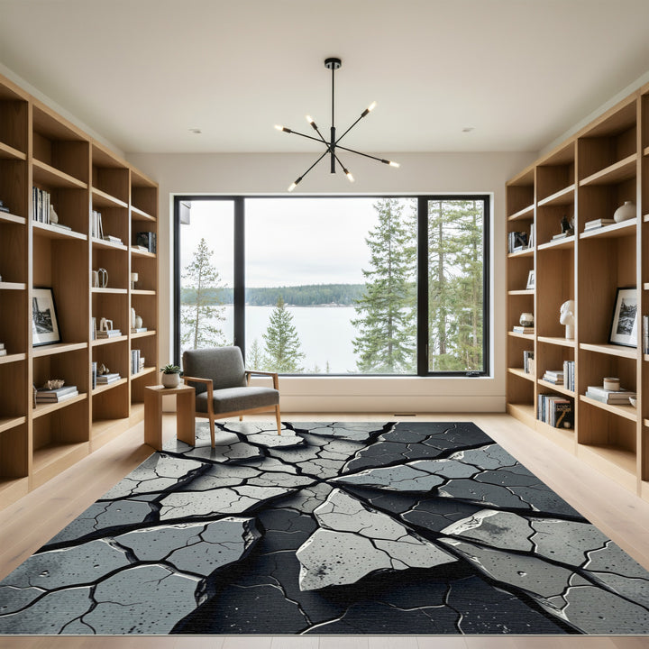 Dramatic Gray Cracked Stone Arrangement Rug