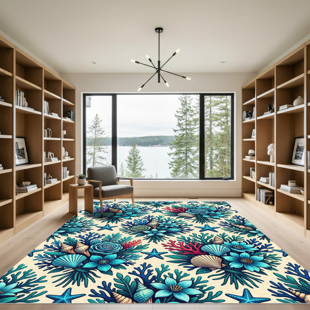 Oceanic Turquoise Coral Seashell Bouquet Rug