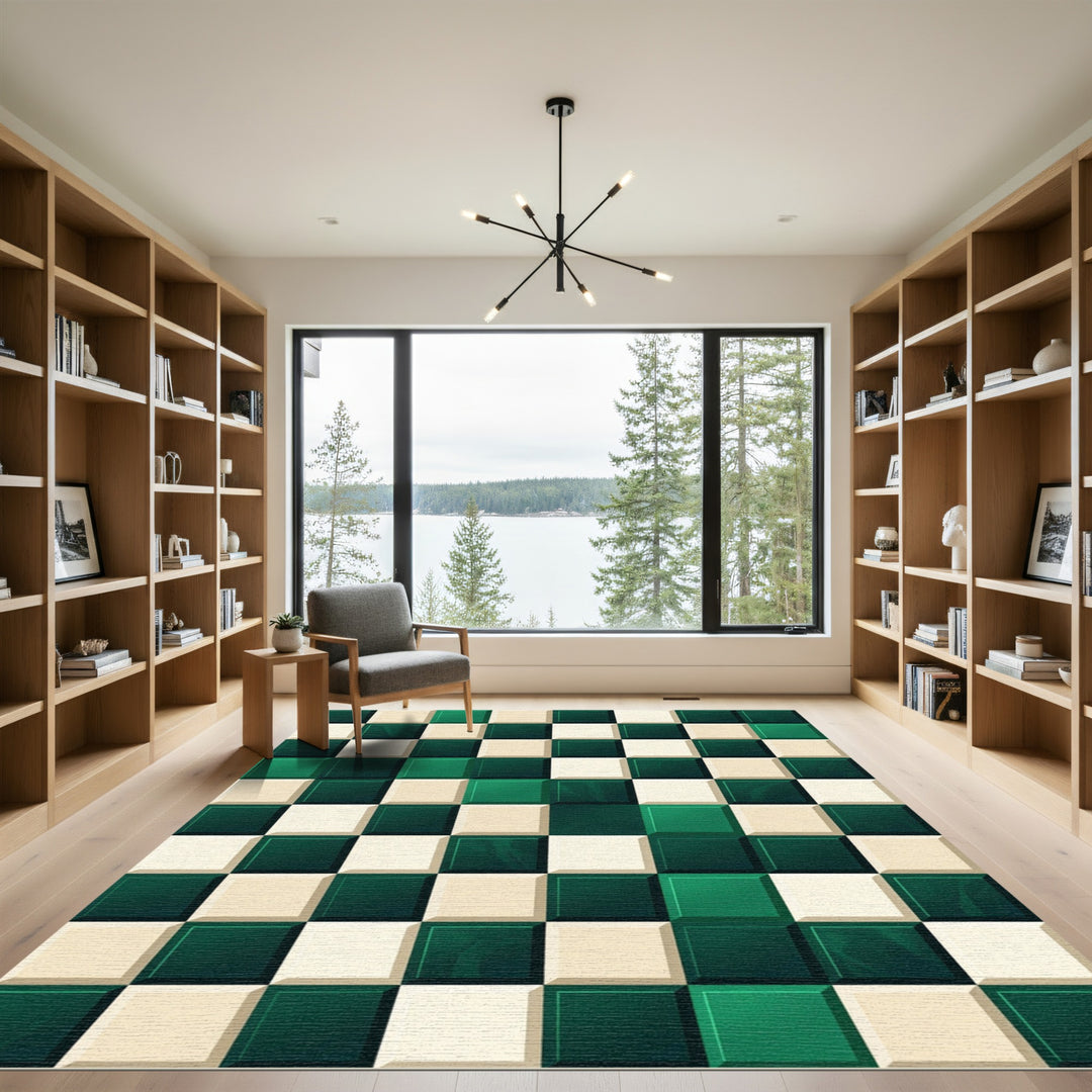 Emerald Ivory Checkerboard Squares Rug