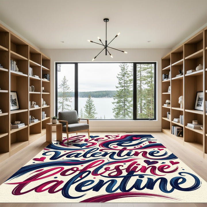 Love Valentine Hearts Calligraphy Rug