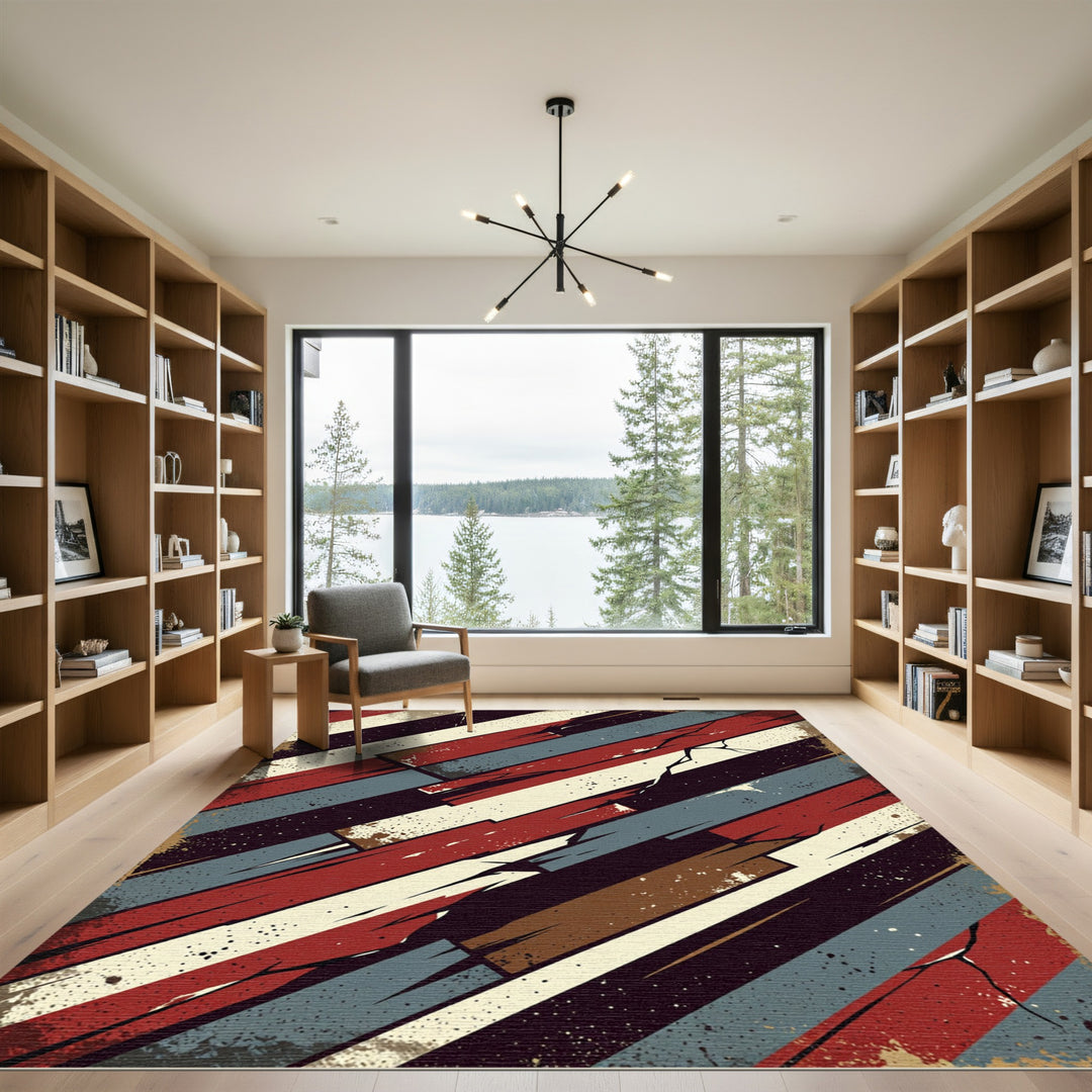Rustic Red Blue Diagonal Wood Rug