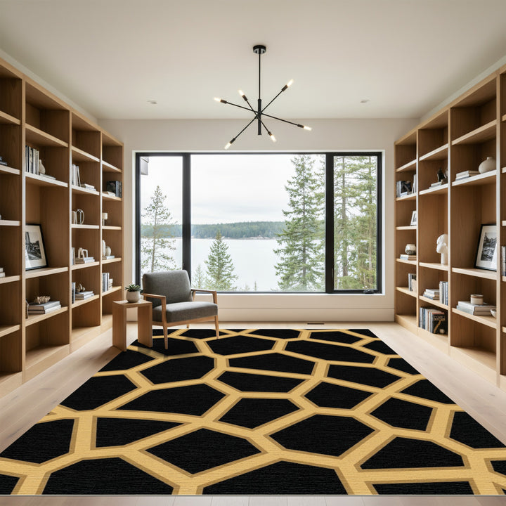 Golden Network Black Geometric Rug