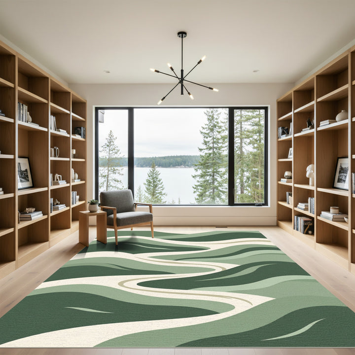 Verdant Green Winding River Landscape Rug
