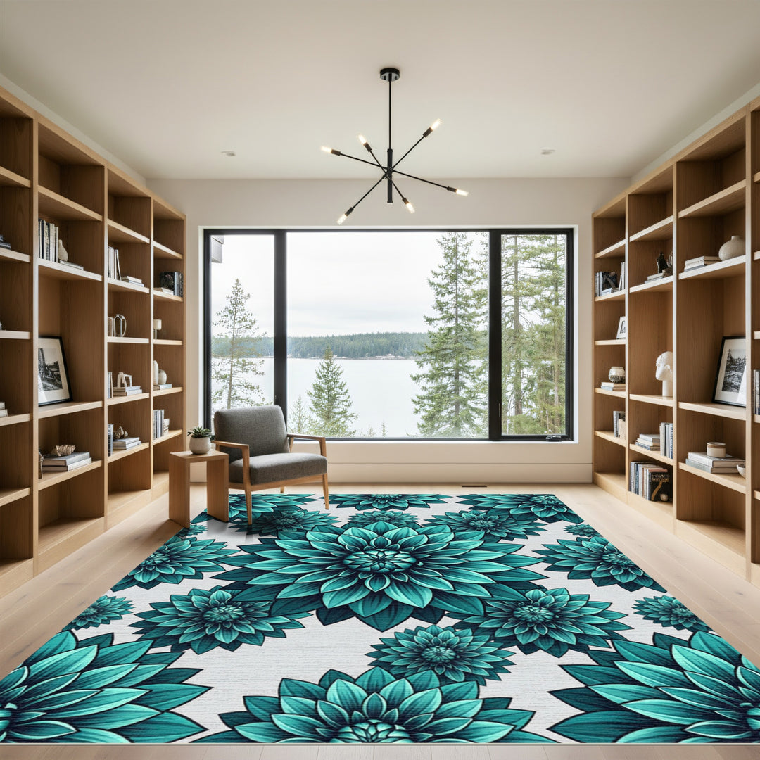 Teal Dahlia Floral Collage Rug