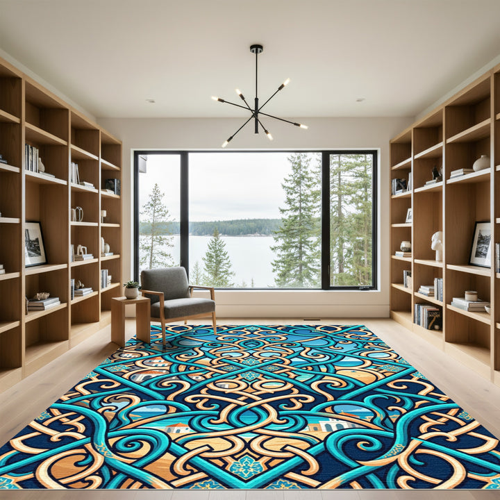 Turquoise Gold Interlocking Mediterranean Scene Rug