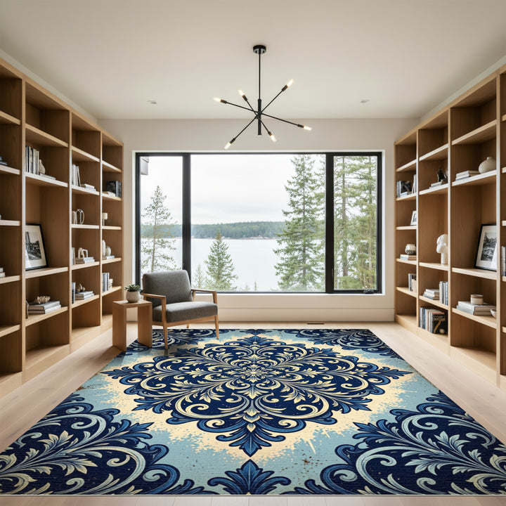 Elegant Navy Blue Damask Medallion Rug