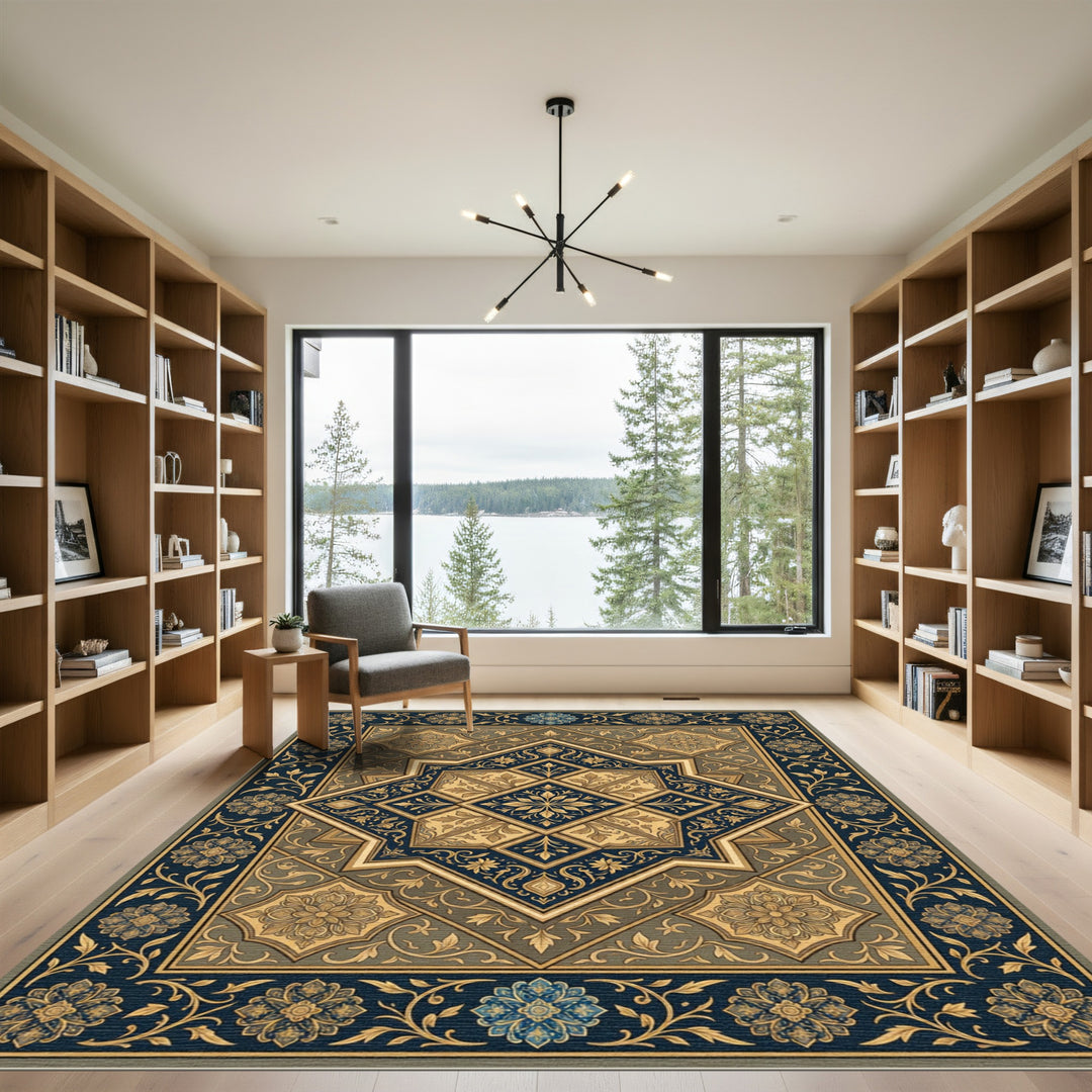 Grand Navy Blue Gilded Symmetry Rug