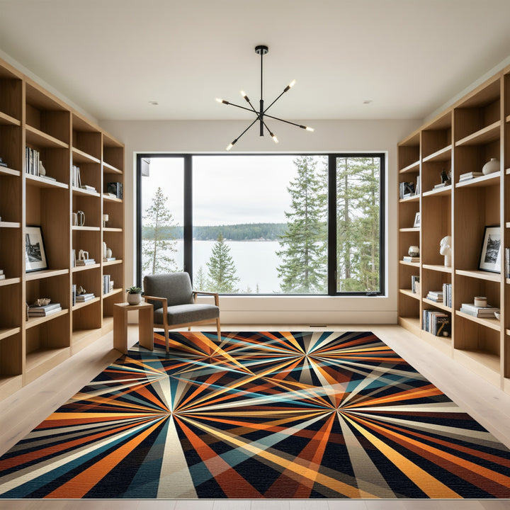Radiant Orange Teal Burst Rays Rug