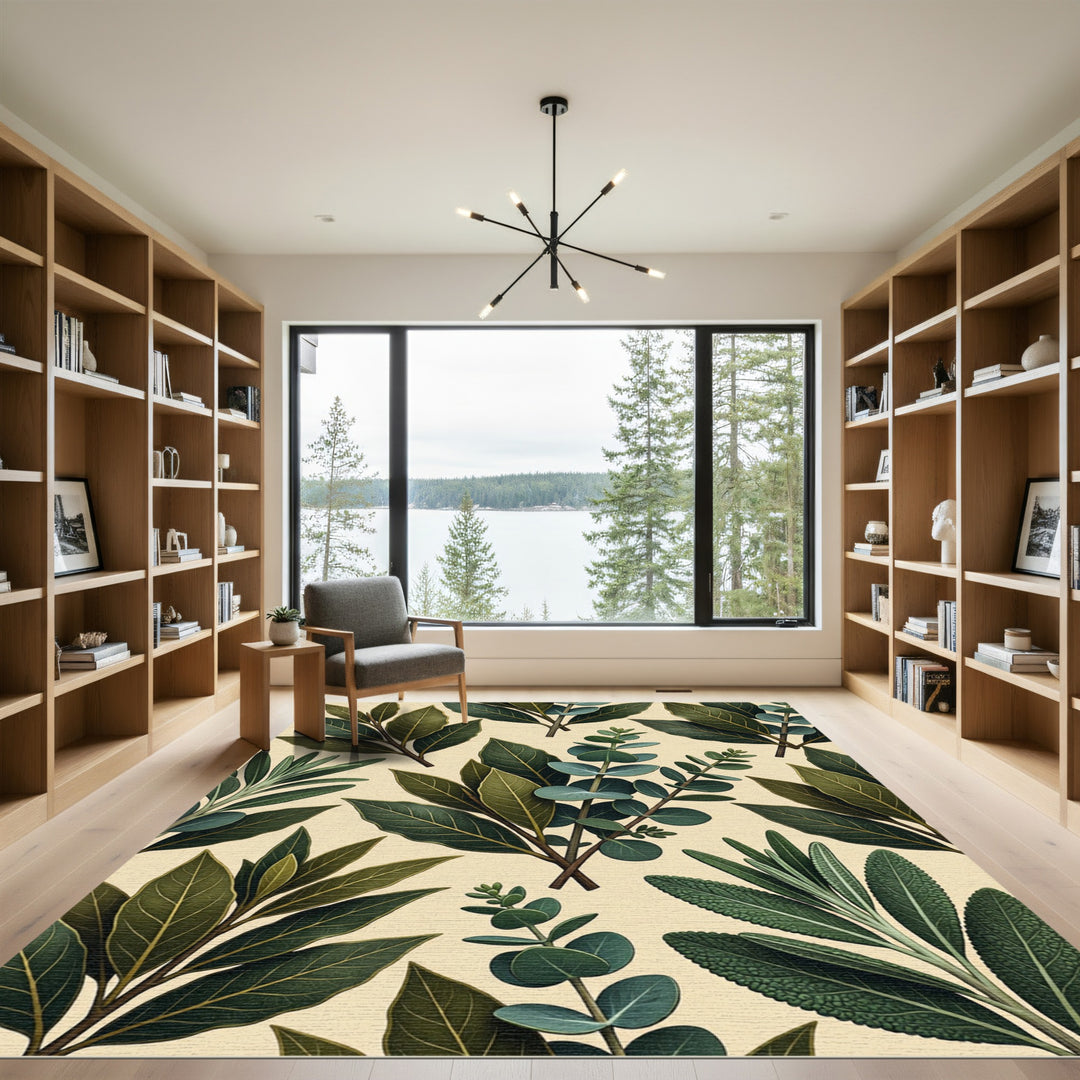 Dark Green Botanical Herb Arrangement Rug