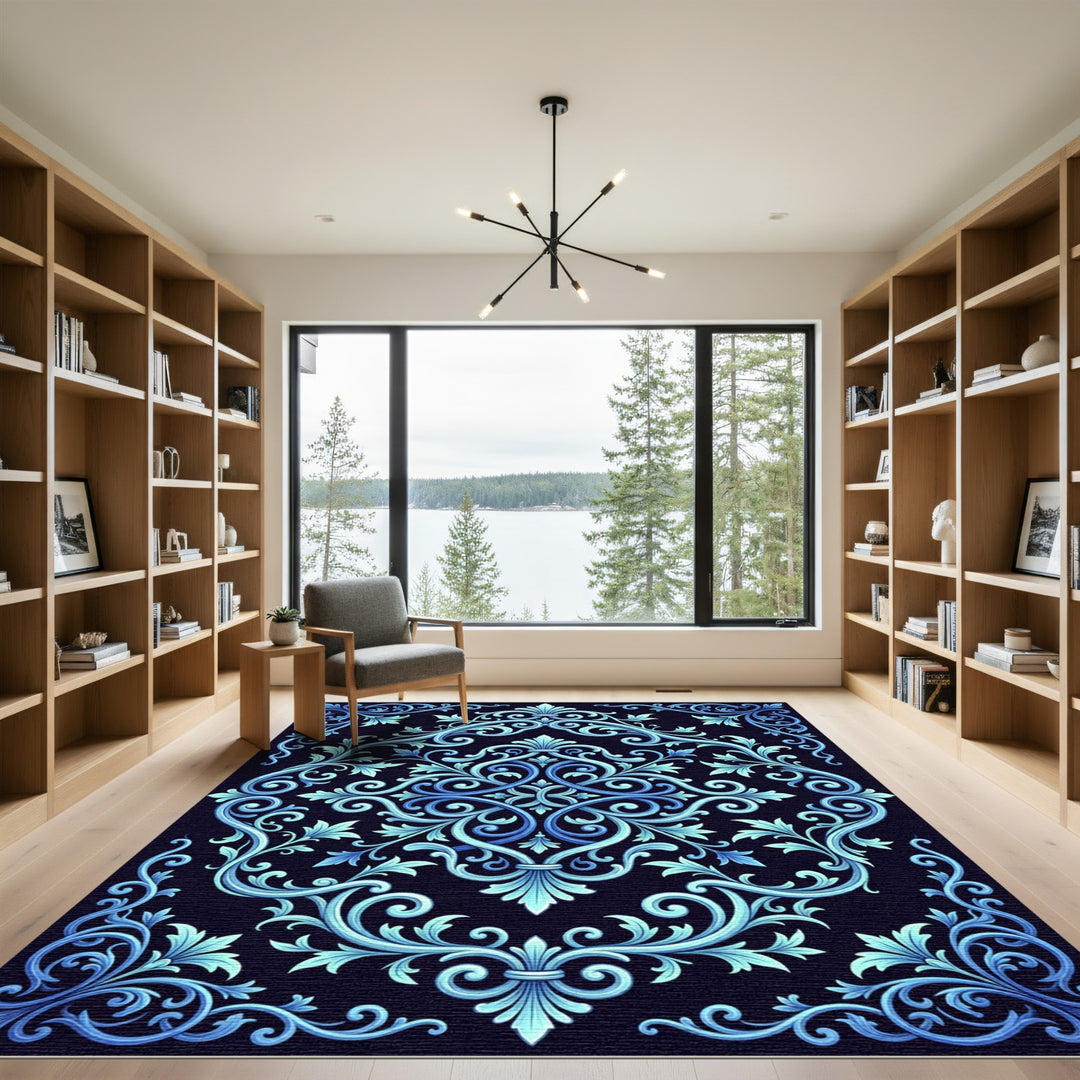 Elegant Blue Scrollwork Floral Foliage Rug