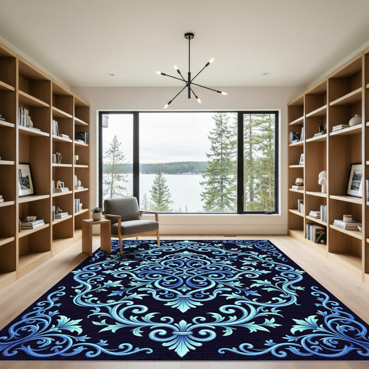 Elegant Blue Scrollwork Floral Foliage Rug