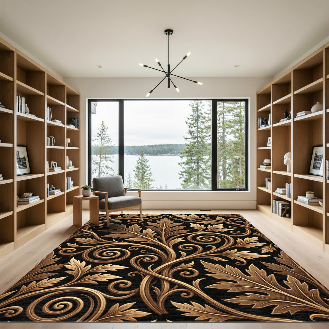 Golden Acanthus Leaf Scrollwork Black Rug