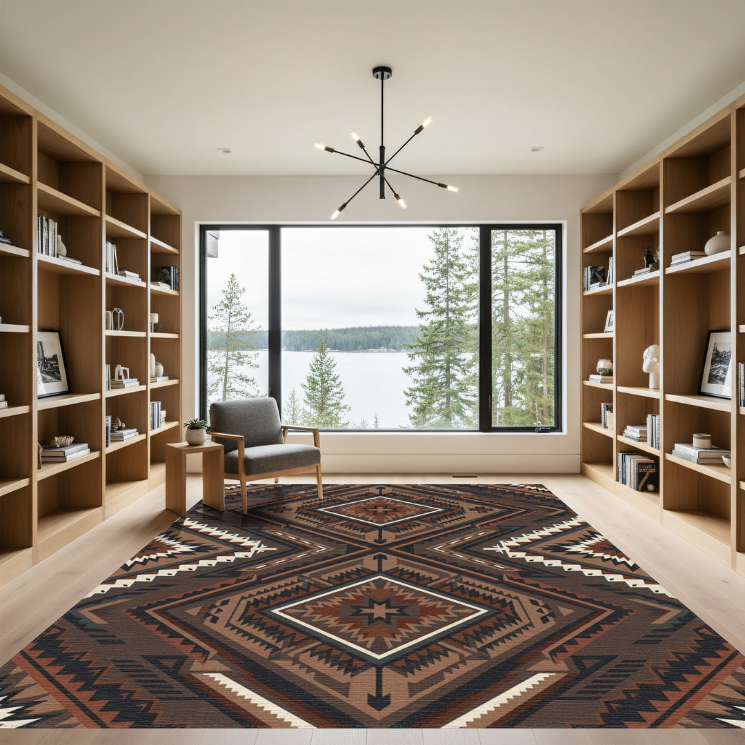 Earthy Brown Geometric Diamond Medallion Rug