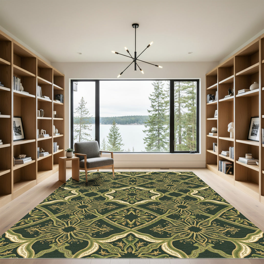 Dark Green Arabesque Bloom Area Rug