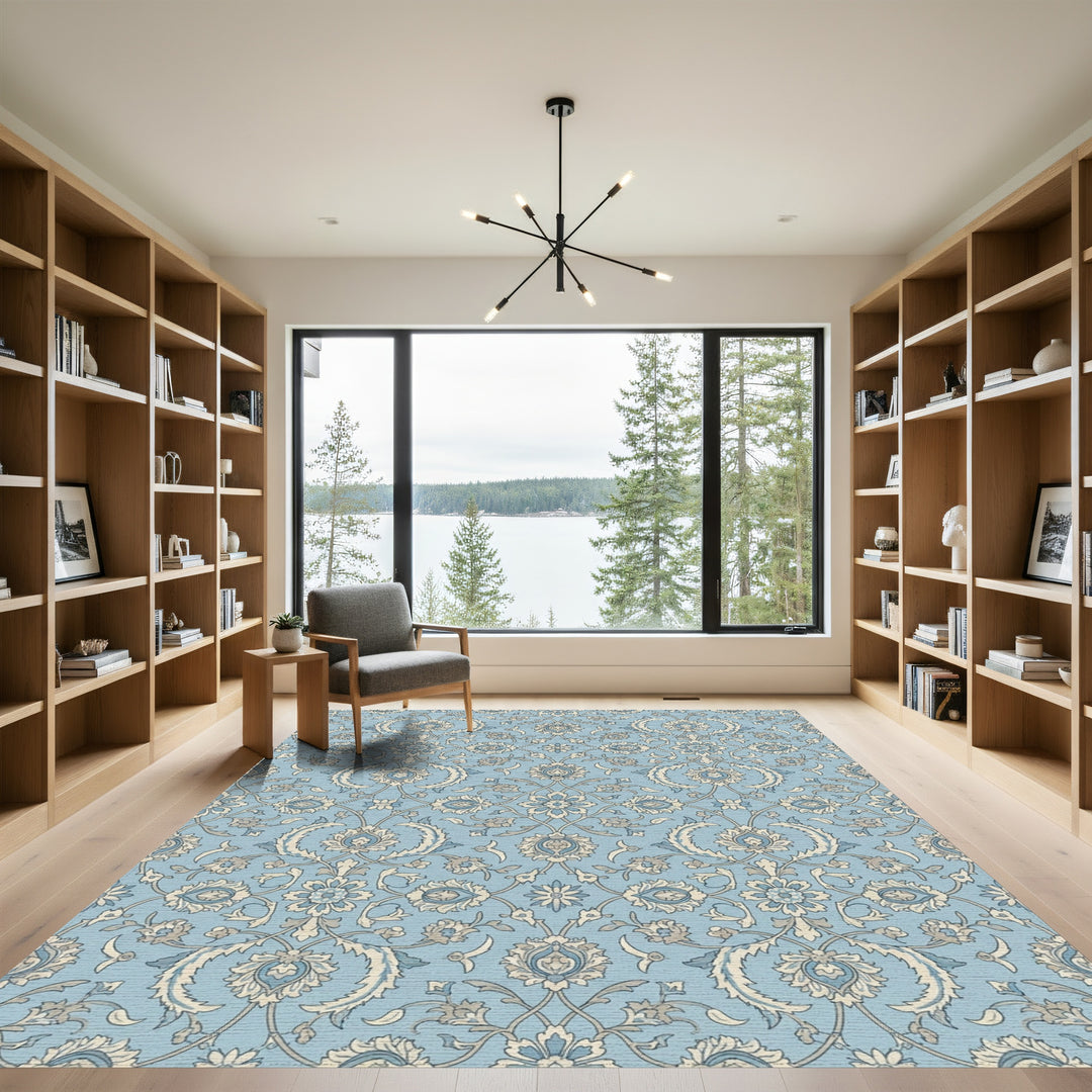 Light Blue Floral Arabesque Medallion Rug