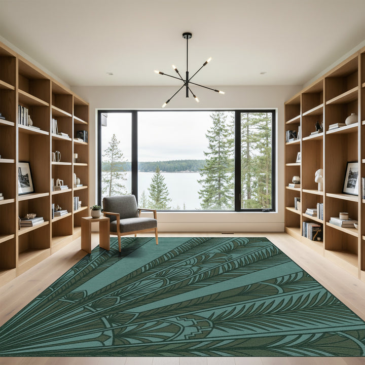 Deep Teal Feathered Fan Art Deco Rug