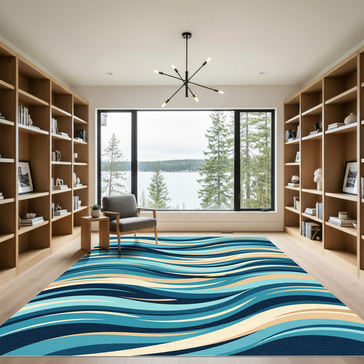 Ocean Waves Blue Cream Abstract Rug