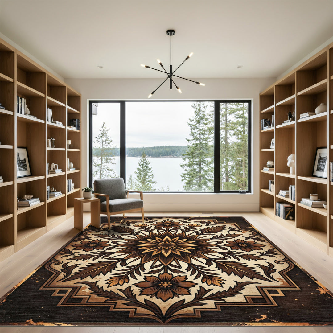 Brown Floral Medallion Symmetry Rug